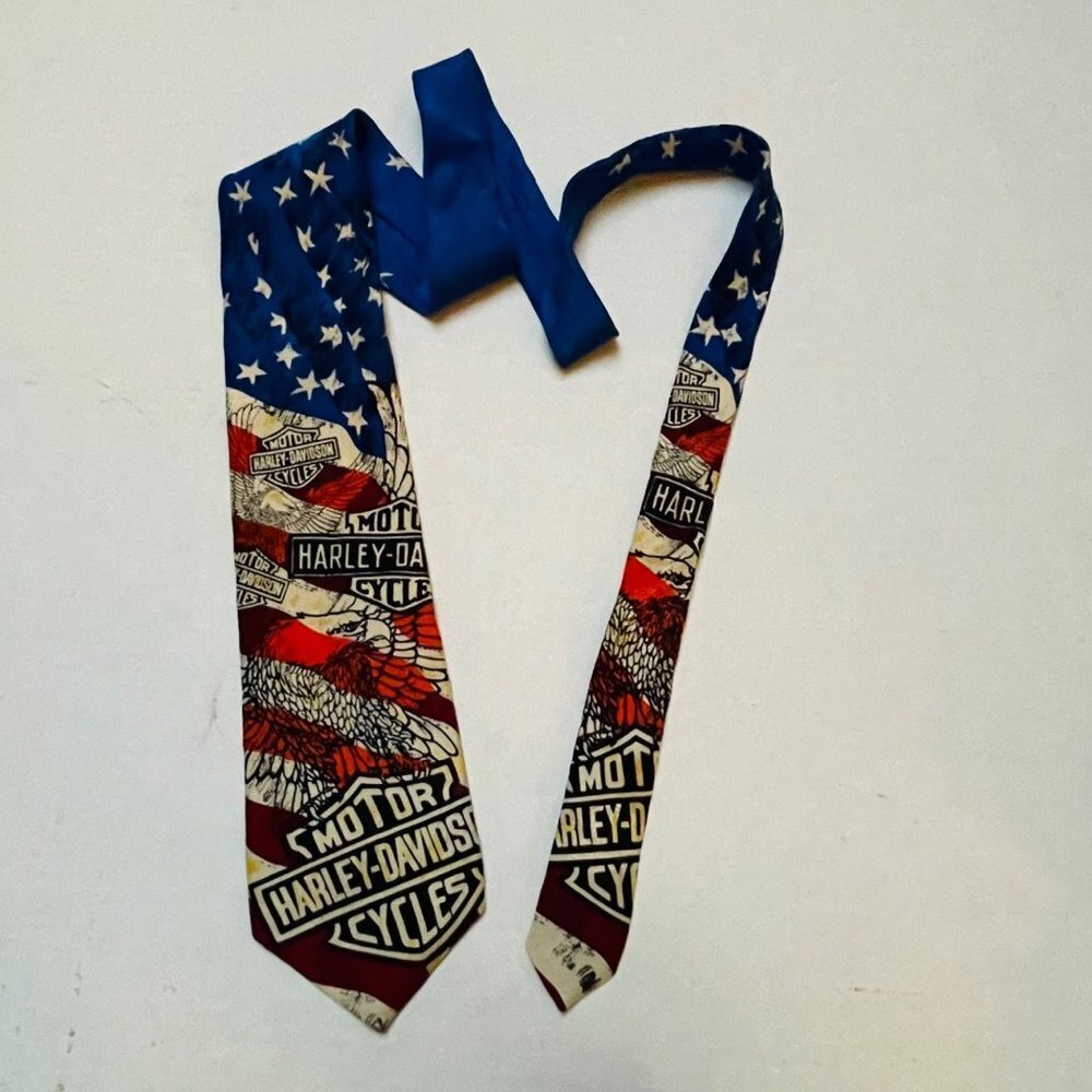 Harley Davidson Silk Tie Ralph Marlin 1993 Vintage American Flag‎ Casual Holiday